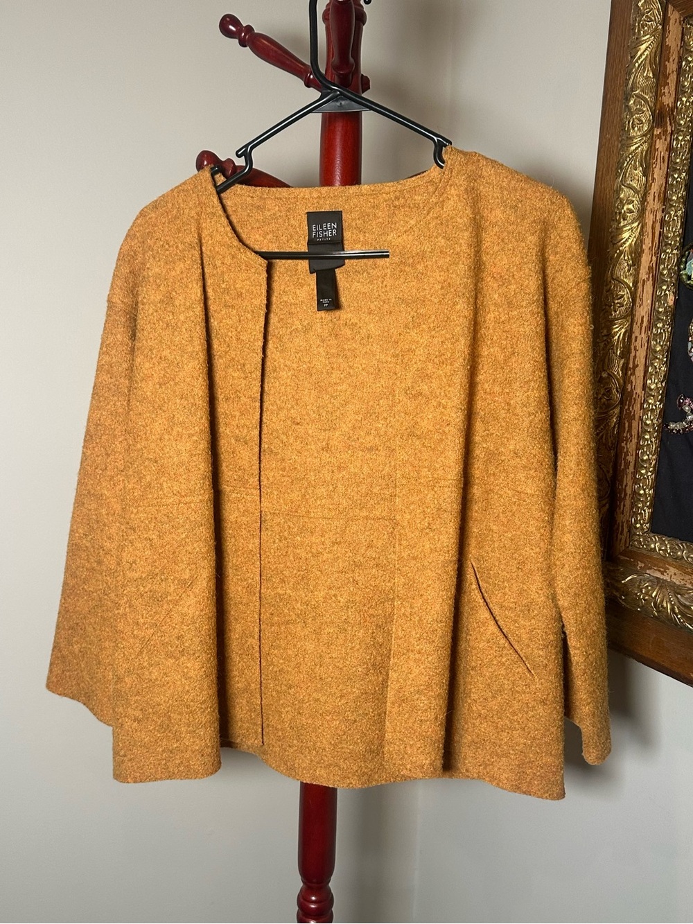Eileen Fisher 100% Boiled Wool Mustard Yellow Relaxed Fit Kimono Jacket Size PP